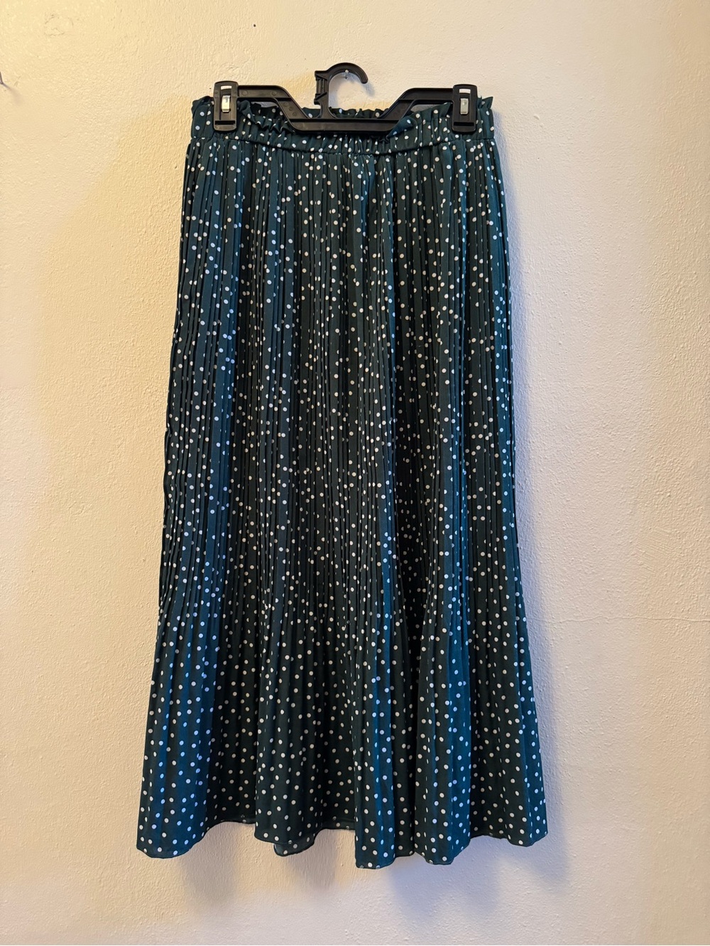 Exlura Dark Green Polka Dot Pleated Midi Skirt - Elastic High Waist Size M